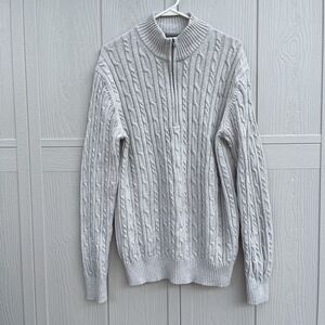 IZOD Men's Cream Beige Cable Knit Quarter Zip Long Sleeve Cotton Sweater Size XL